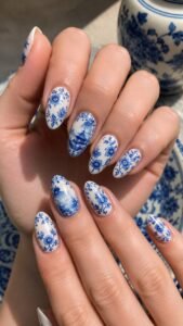 Blue Porcelain Nail Art Designs for Elegant Detail