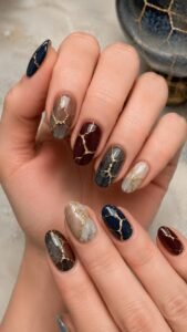 Kintsugi Nail Art Designs With Golden Repair Lines