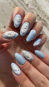 Cameo Relief Light Blue Nails With Raised White Portrait Detail