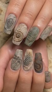 Fossil Relief Acrylic Nails With Pressed Ancient Detail
