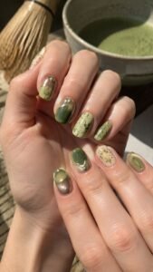 Matcha Tea Tin Nails With Powdered Green Character